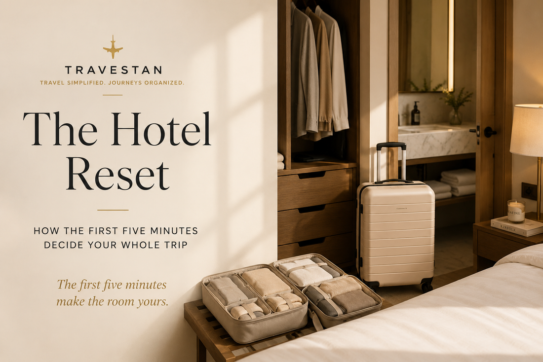 An organized Travestan carry-on with packing cubes in a warm, sunlit hotel room