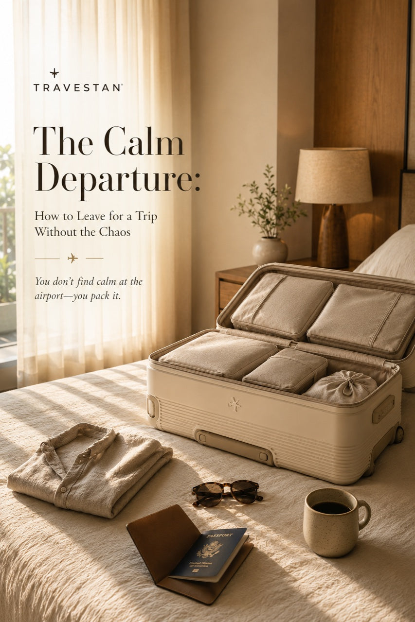 A calm, organized carry-on packed with Travestan cubes in warm morning light