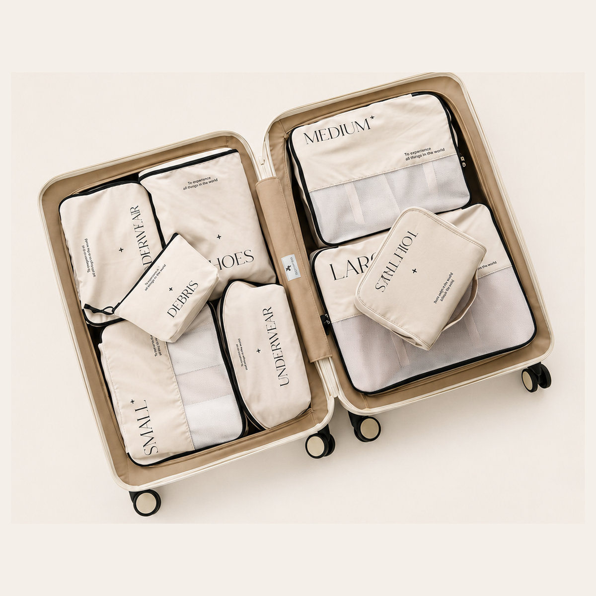 Travestan Packing Cube Set – The Family, 8 pieces, packed in a suitcase