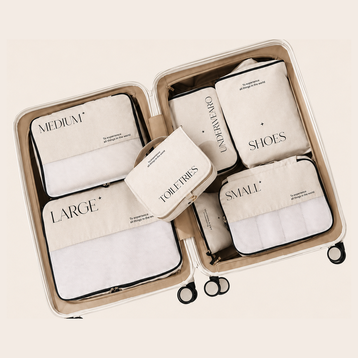 Travestan Packing Cube Set – The Frequent Flyer, 7 pieces, packed in a suitcase
